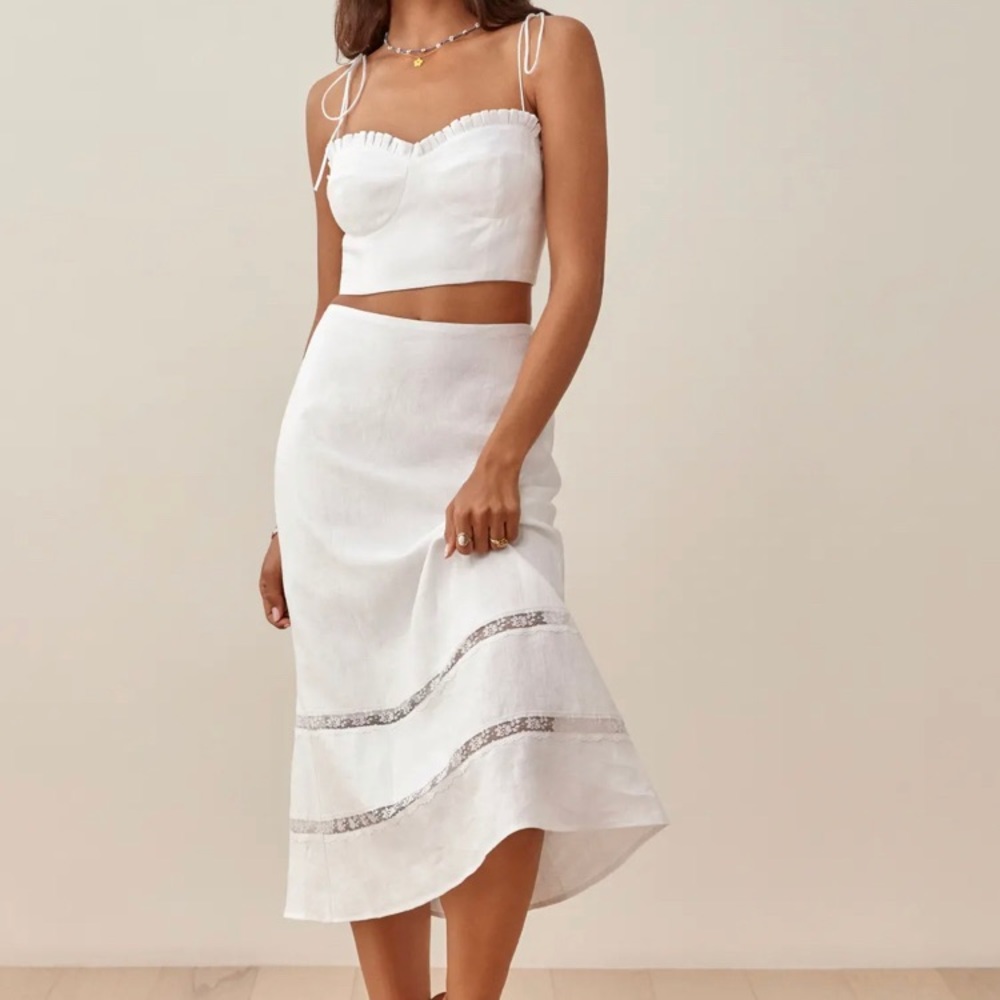 reformation white Linen top and midi skirt